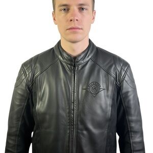 AKOURY BLACK LEATHER MOTORCYCLE JACKET MEN'S SIZE LARGE